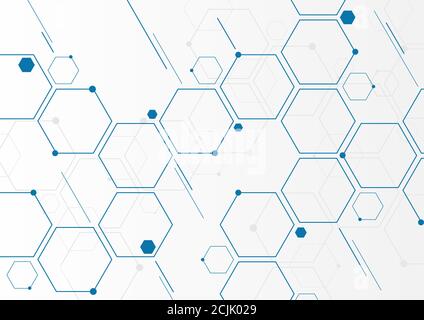 Abstrakte blaue geometrische Sechsecke molekulare Strukturen auf weißem Hintergrund. Konzept der Verbindungstechnik für soziale Netzwerke. Vektorgrafik Stock Vektor