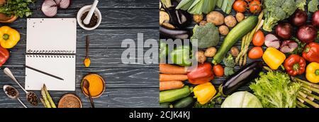 Collage aus frischem buntem Gemüse, Gewürzen und leerem Notizbuch auf Holzfläche Stockfoto