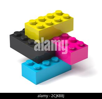 3D-Spielzeugbausteine aus vier cmyk-Druckverfahren-Farben Cyan Magenta Gelb Schwarz Stockfoto