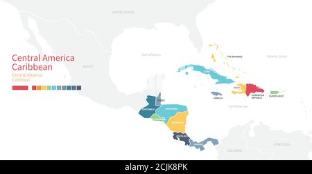 Farbenfrohe detaillierte Vektorkarte von mittelamerika, karibischen Ländern. Stock Vektor