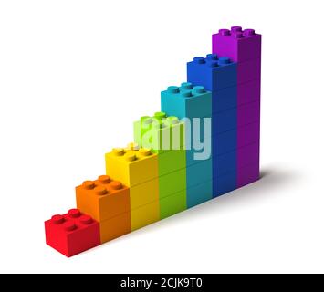 Bausteine in Regenbogenfarben stetiges Wachstum Diagramm 3D Stockfoto