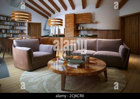 Wohnzimmer Loft-Stil, 3d-Bild Stockfoto