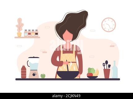 Frau, die in der Küche kocht. Mädchen bereitet hausgemachte Mahlzeiten für Mittag-oder Abendessen. Zubereitung hausgemachtes Gebäck oder Backen. Flache Cartoon-Vektor-Illustration. Stock Vektor