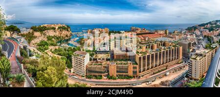 Panoramablick auf Fontvieille im Fürstentum Monaco, Cote d'Azur, Französische Riviera Stockfoto