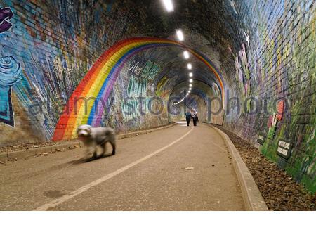 Edinburgh, Schottland, Großbritannien. September 2020. Menschen, die den Fluss genießen, wandern auf dem Wasser von Leith durch den Colinton-Tunnel, einen viktorianischen Eisenbahntunnel, der mit Schottlands größtem historischen Wandgemälde dekoriert wurde, das auf einer Kurzgeschichte von Robert Louis Stevenson basiert und die industrielle, soziale, künstlerische und literarische Geschichte der Gegend feiert. Das Wandbild wird voraussichtlich im September fertiggestellt. Kredit: Craig Brown/Alamy Live Nachrichten Stockfoto