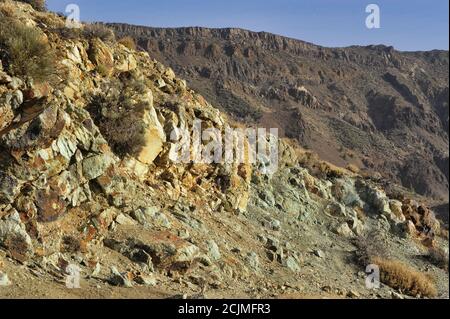 Los Azulejos im Teide Nationalpark gefunden, blau und grün getönte vulkanische Felsformationen, besitzen ihre Farbe auf die hydrothermale Veränderung des Bodens Stockfoto