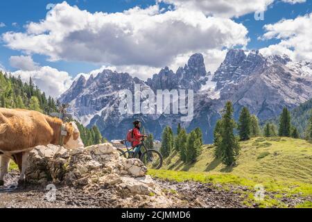 Nette und aktive ältere Frau auf ihrem elektrischen Mountainbike auf dem Hochplateau von Prato Piazzo in den drei Gipfeln Dolomiten, felsige Silhouette Stockfoto