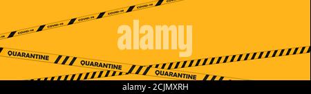 Warnung covid-19 Quarantäne gelbe und schwarze Streifen. Covid19 Band auf gelbem Hintergrund. Quarantäne Biohazard Zeichen. Horizontales Band mit Kopierraum Stockfoto
