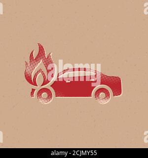 Auto auf Feuer Symbol in Halbton-Stil. Grunge Hintergrund Vektor Illustration. Stock Vektor