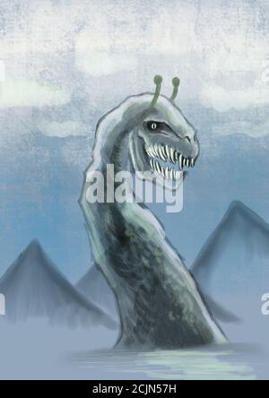 LOCH NESS MONSTER Illustration eines KryptID-Monsters Stockfoto