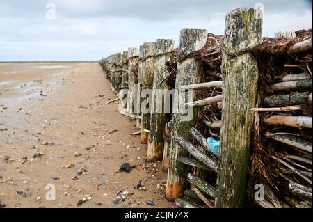 Plastikverschmutzung und Müll auf Küstenschutz und Landgewinnung Im Watt Stockfoto