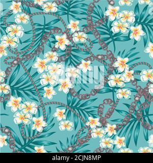 Luxuriöses, elegantes Muster mit modischen Accessoires tropische Blumen die Pracht der 80-er in Farbe live Koralle und türkis nahtlose Muster Stock Vektor
