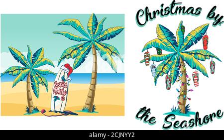 Weihnachtskarte mit Palme und tropischem Blatt. Banner-Vorlage mit leuchtenden Girlanden für Neujahr. Palmen mit Strand dekoriert Stock Vektor