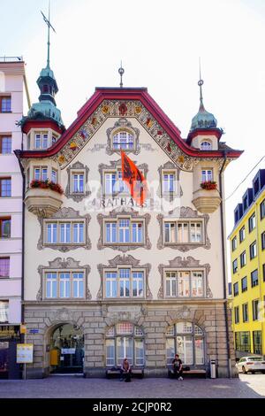 Rathaus in Einsiedeln, in der Wallfahrtsstadt Einsiedeln, Kanton Schwyz. Schweiz. Stockfoto