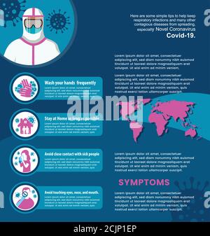 Eine Vektor-Illustration der Corona-Virus-Pandemie Infografik in blau Und lila Farbe mit einer NHS Person trägt Schutzkleidung Stock Vektor
