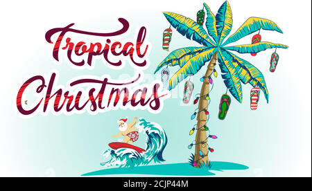Weihnachtskarte mit Palme und tropischem Blatt. Banner-Vorlage mit leuchtenden Girlanden für Neujahr. Palmen mit Strand dekoriert Stock Vektor
