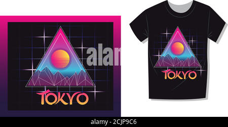 Ästhetische Vaporwave T-Shirt Druckvorlage mit Sonne und Berge: 90s 80s Retro Japan Cartoon Kawaii Otaku Hipster Style, Synthwave / RetroWave Neon C Stock Vektor