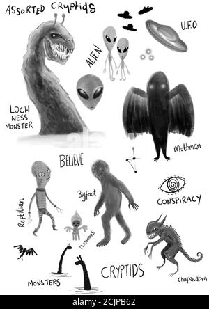 Illustration Blatt von verschiedenen cryptID Monster und Aliens Stockfoto