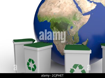 Abfallrecycling-Konzept mit dem Planeten Erde und Mülltonnen herum. 3d-Rendering Stockfoto