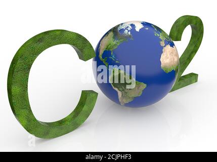 Chemisches Symbol CO2 für Kohlendioxid in grün - A Globe ersetzt den Buchstaben o Stockfoto