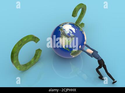 Holzpuppe, die die Erde drängt, um das Wort CO2 für Kohlendioxid zu bilden. Ökologie, Verschmutzungskonzept, 3D-Rendering Stockfoto