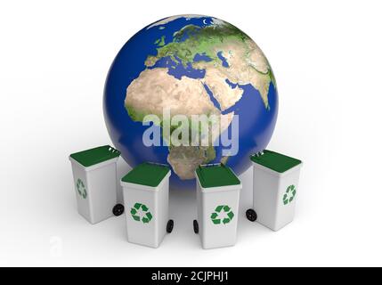 Abfallrecycling-Konzept mit dem Planeten Erde und Mülltonnen herum. 3d-Rendering Stockfoto