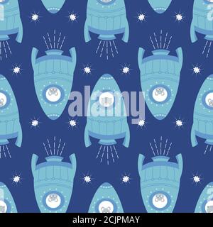 Raum Rakete Muster Design mit Katzen und Mäusen, Vektor nahtlose Wiederholung Hintergrund. Stock Vektor