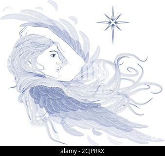 Silhouette eines Engels auf einem verschneiten Hintergrund. Luxus Weihnachtsdesign für Karte, Banner, Ticket, Broschüre und so weiter. Engel und Weihnachtsstern Stock Vektor