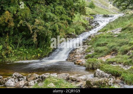 Bach kommt hinunter Buckden Ghyll hinter Buckden Village in Upper Wharfedale im Yorkshire Dales National Park. Stockfoto