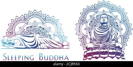 Mönch phra buddha sitzend und schlafend auf Lotusbasis für Gebet Konzentration komponierte Befreiung. Pastellfarbe Hintergrund. Stock Vektor