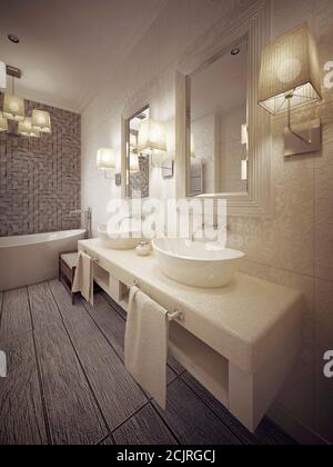 Ein modernes Badezimmer mit zwei Waschbecken, Konsole in Weiß und Beige. 3d-Rendering. Stockfoto