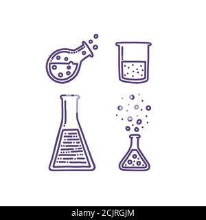 Satz von handgezeichneten Objekten, die mit Chemie und Experimenten verbunden sind. Reagenzgläser, Pipetten, chemische Substanzen und Reaktionen. Isolierte Vektordarstellung Stock Vektor