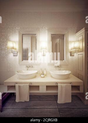 Ein modernes Badezimmer mit zwei Waschbecken, Konsole in Weiß und Beige. 3d-Rendering. Stockfoto