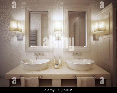 Ein modernes Badezimmer mit zwei Waschbecken, Konsole in Weiß und Beige. 3d-Rendering. Stockfoto