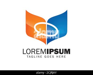 Ein Vektor Illustration von Open Book Symbol mit Blase Chat Icon als Logo für Kommunikations- und Bildungsunternehmen Stock Vektor