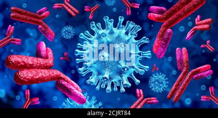 Antikörper-Virus Bekämpfung des Immunsystems und Immunglobulin Wissenschaft Konzept als Antikörper gegen ansteckende Viruszellen und Krankheitserreger als 3D-Render. Stockfoto