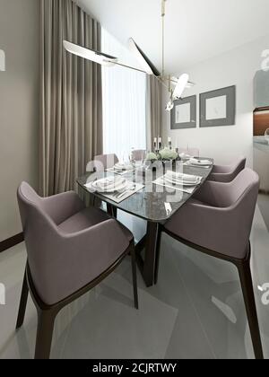 Serviertisch im Speisesaal mit weichen Stühlen. Mit modernem Kronleuchter und Arbeiten an den Wänden. 3d-Rendering. Stockfoto