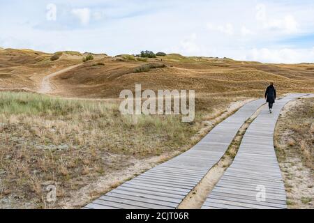 Mädchen zu Fuß auf einem Holzweg und Tourist in Nagliai Naturschutzgebiet in Neringa, Litauen. Tote Dünen, Sandhügel von starken Winden gebaut, mit Schluchten Stockfoto