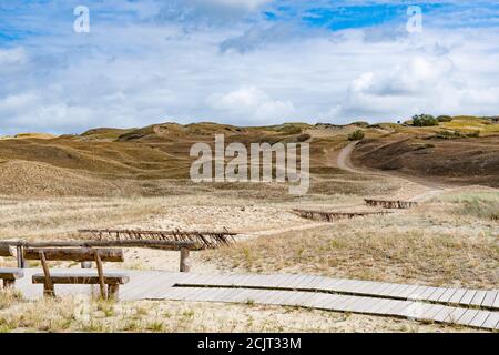 Holzbank und Pfad im Naturschutzgebiet Nagliai in Neringa, Litauen. Abgestorbene Dünen, Sandhügel durch starke Winde gebaut, mit Schluchten und Erosion Stockfoto