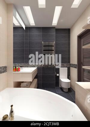 Master Badezimmer in einem modernen Stil mit schwarzen Fliesen an den Wänden und beigefarbenen Möbeln. 3d-Rendering. Stockfoto