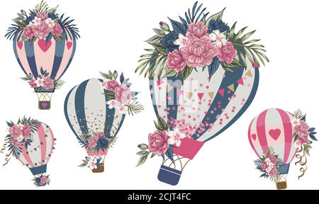 Blumenstrauß Vektor schöne aerostat Tender rosa und blaue Blumen Illustration Blühende Blumenrosen Set für den Geburtstagsurlaub auf einem weißen Hintergrund Stock Vektor
