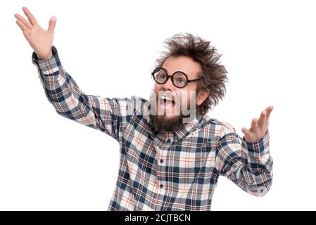 Verrückte bärtige Mann Emotionen und Zeichen Stockfoto