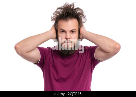 Verrückte bärtige Mann Emotionen und Zeichen Stockfoto