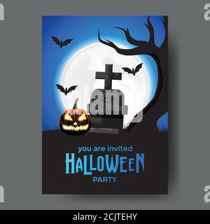 Halloween Trick or Treat Einladung Party Poster mit Illustration von Grab mit Kürbis Jack o Laterne und Silhouette Baum an Unheimlich blauer Himmel Nacht Stock Vektor