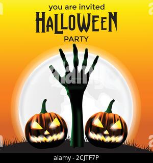 Einladung halloween Party Banner Poster mit Illustration von Zombie-Leiche Hand und Kürbis Jack o Laterne Stock Vektor