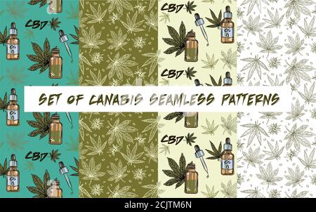 Cannabis Blatt nahtlose Vektor-Muster, Cannabis und Öl Essenz CBD Muster Infografiken über die gesundheitlichen Vorteile von Cannabis, Vektor Illustration o Stock Vektor