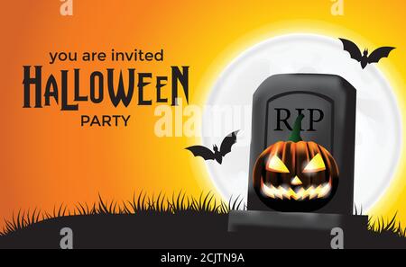 Halloween Trick or Treat Einladung Party Banner mit Illustration von Kürbisse Jack o Laterne auf dem Grab am cary Orange Nacht mit Vollmond und Stock Vektor