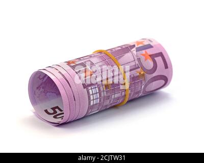 Gerollte Euro-Banknoten vor weißem Hintergrund Stockfoto