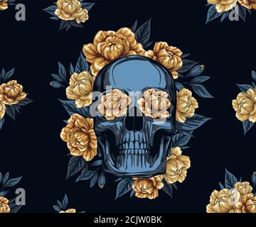 Textil-Muster Metall-Totenkopf mit floralen goldenen Rosen Kranz, Tag tot Tag Vektor Illustration für Konzept Poster Design. Stock Vektor