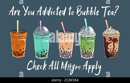 Bubble Tee Tasse Design-Kollektion, leckere Getränke, alkoholfreie Getränke mit Doodle Stil Banner, Bubble Milch Tee Anzeigen mit köstlichen Tapioka und Perle, Bubble Tee Stock Vektor
